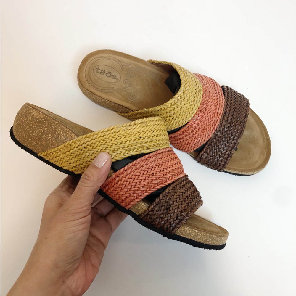 Taos Footwear Woven Slide Sandals in Yellow, Coral & Brown